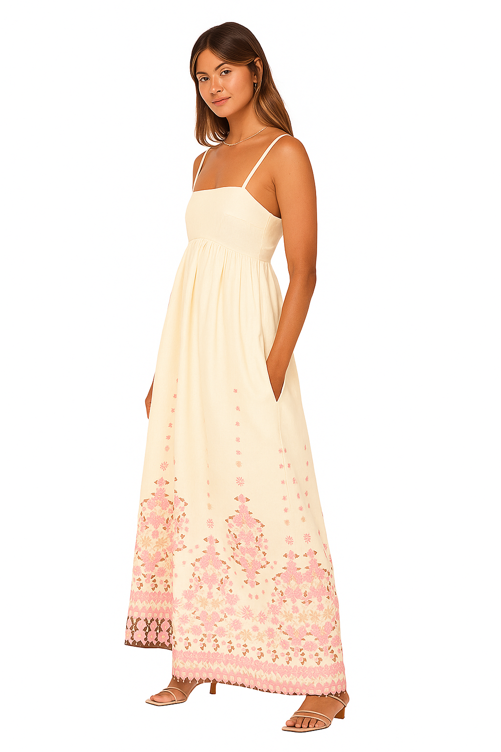 Akacia Maxi Dress – Cream with Pink Floral Embroidery Waist Women’s Maxi Dress