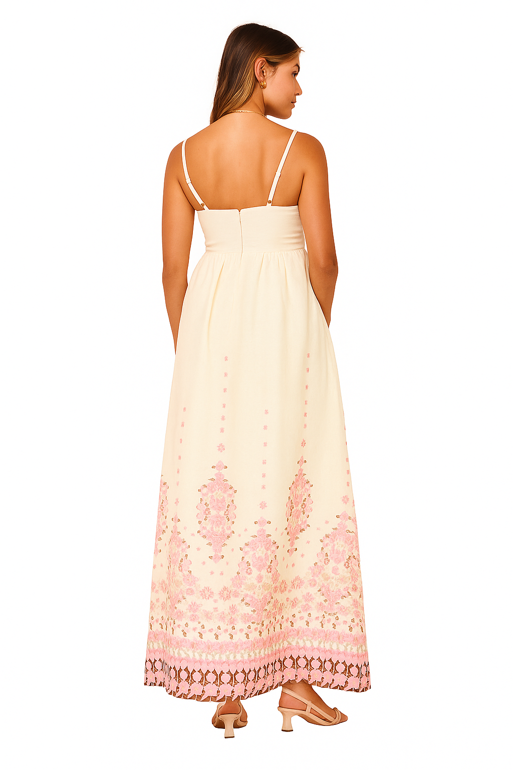 Akacia Maxi Dress – Cream with Pink Floral Embroidery Waist Women’s Maxi Dress