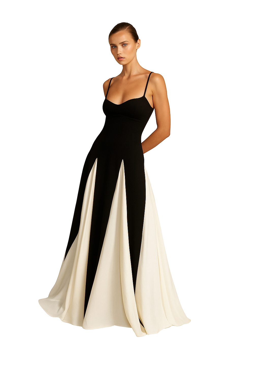 Elegant Black & White Colorblock Maxi Dress – Sleeveless Formal Gown with Flowy Panels