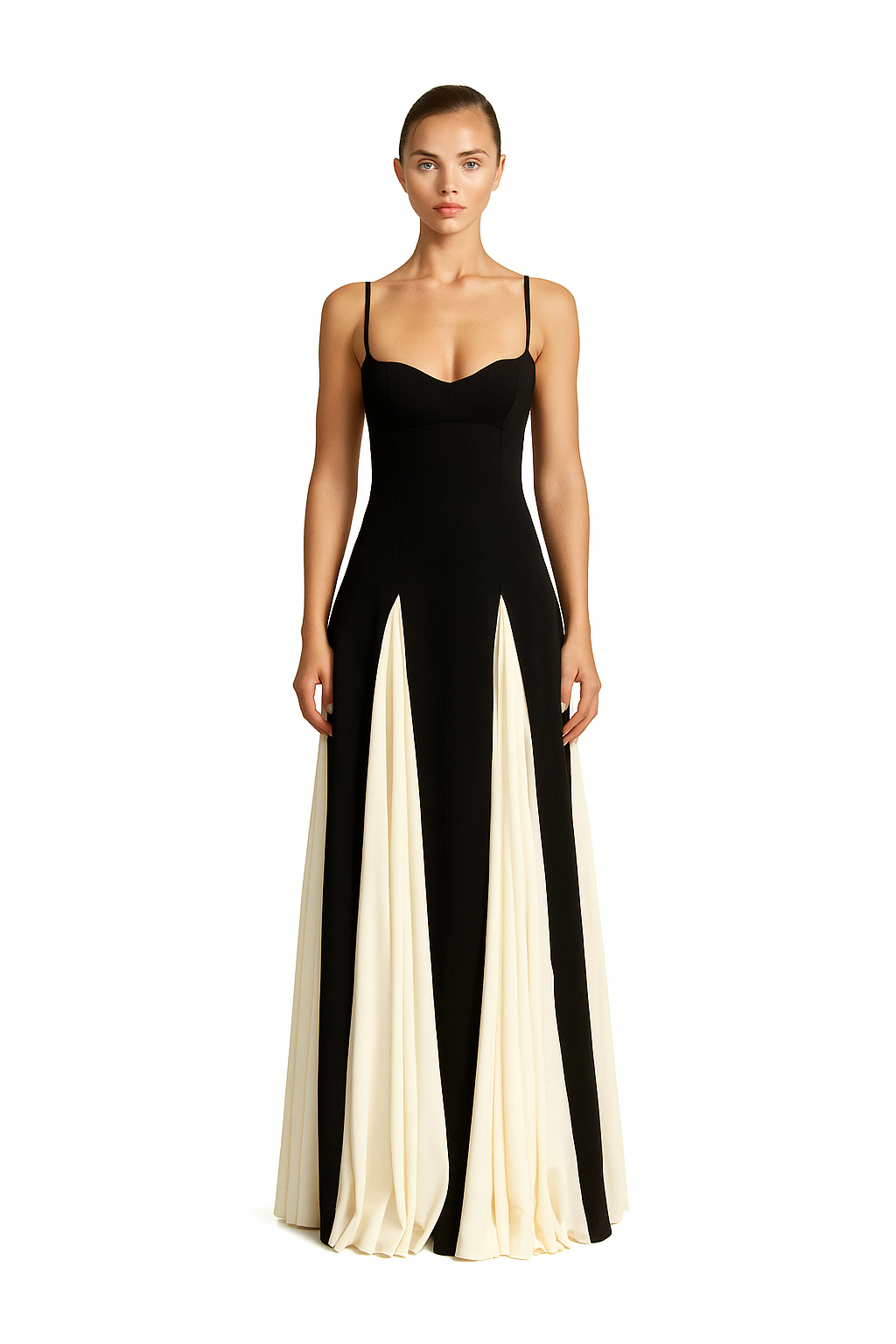 Elegant Black & White Colorblock Maxi Dress – Sleeveless Formal Gown with Flowy Panels