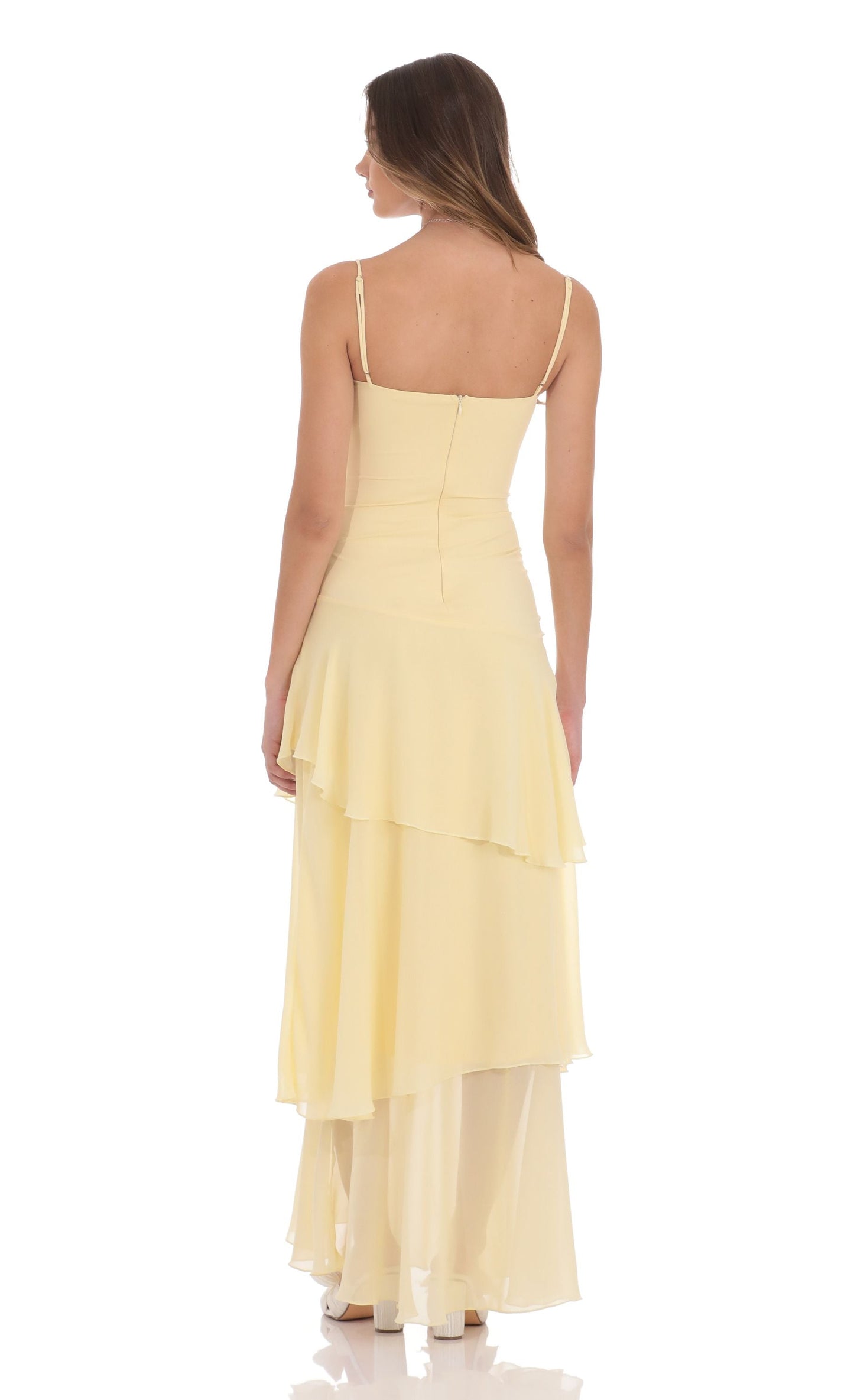 Women's Yellow Layered Chiffon Maxi Dress – Spaghetti Strap Ruffle Evening Gown