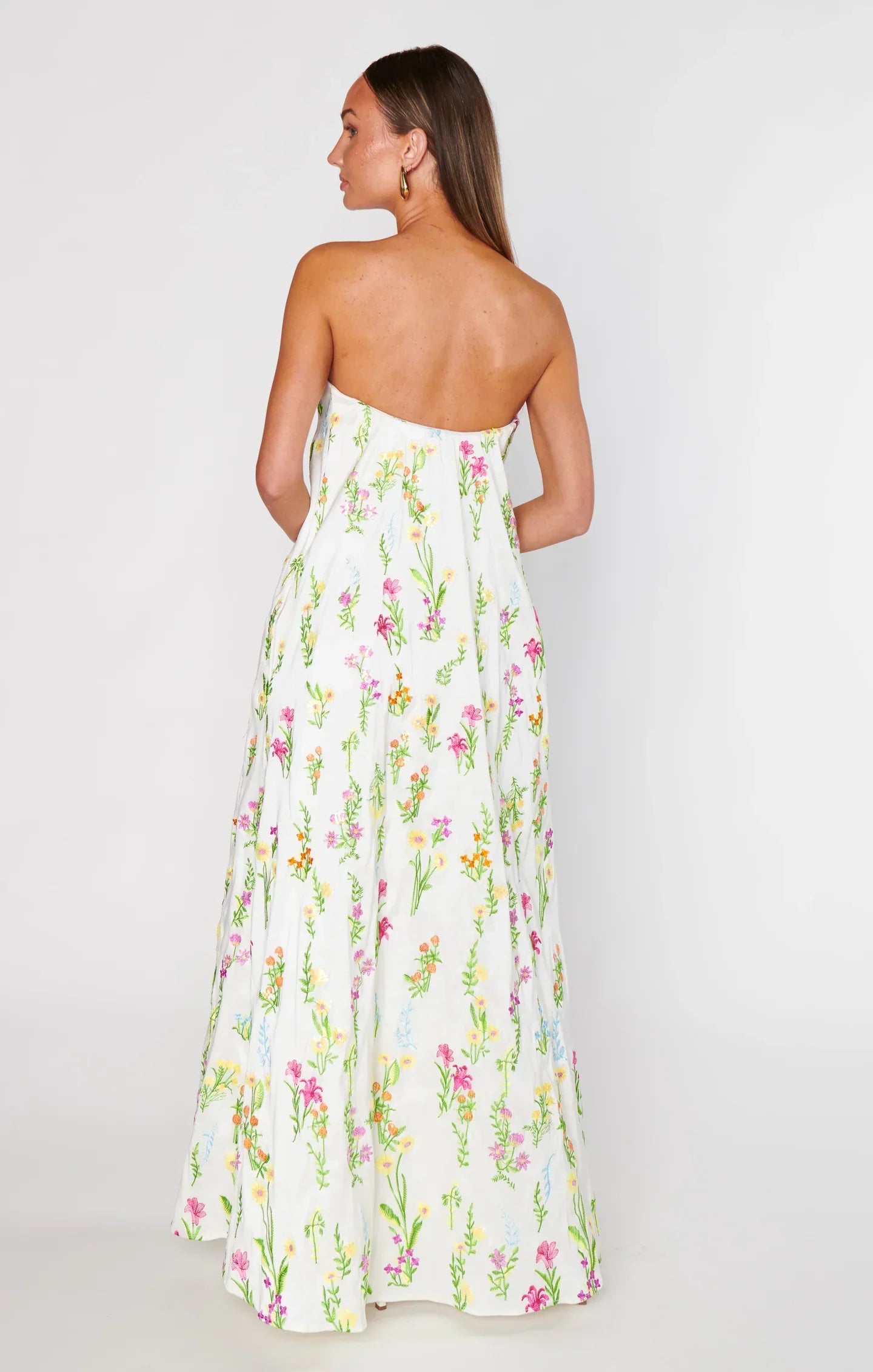 Women's Strapless Floral Maxi Dress – White Summer Sundress with Colorful Print