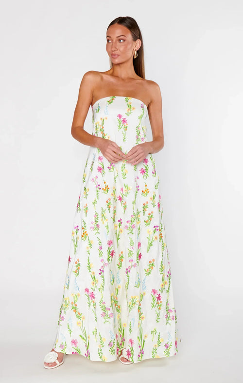 Women's Strapless Floral Maxi Dress – White Summer Sundress with Colorful Print