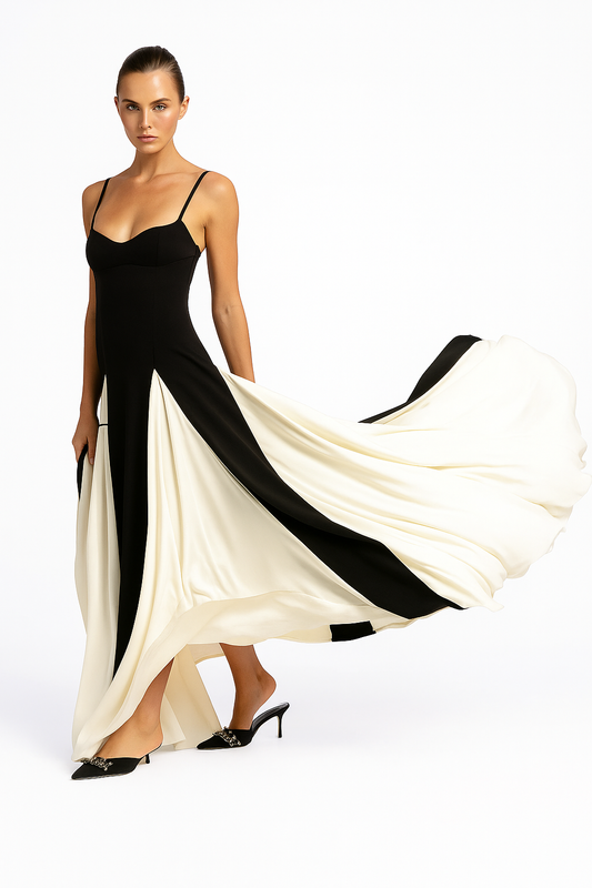 Elegant Black & White Colorblock Maxi Dress – Sleeveless Formal Gown with Flowy Panels