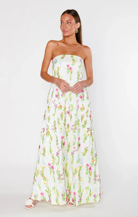 Women's Strapless Floral Maxi Dress – White Summer Sundress with Colorful Print